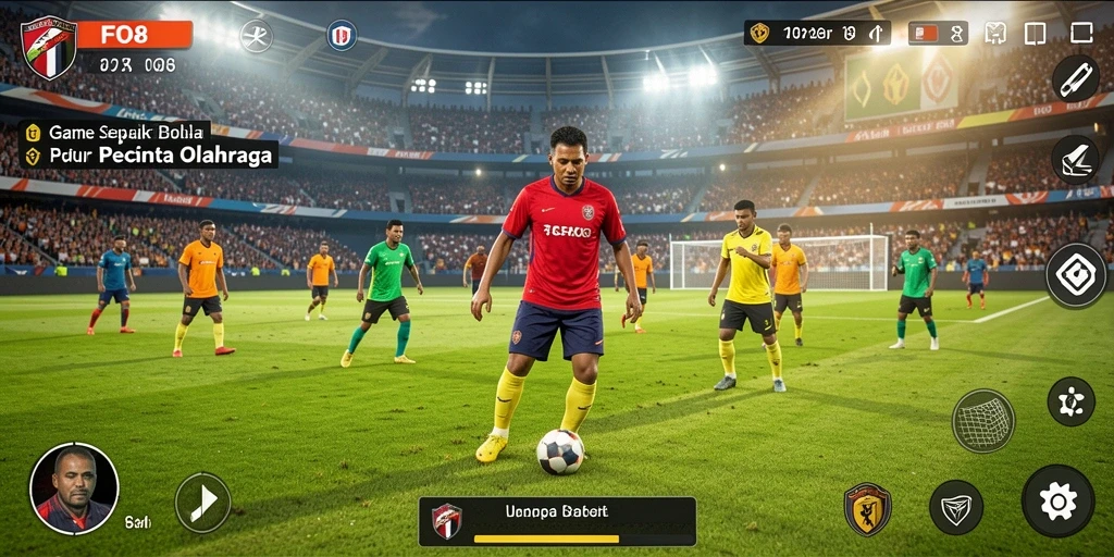 Tampilan intens gameplay dalam game sepak bola FO8 yang menarik.
