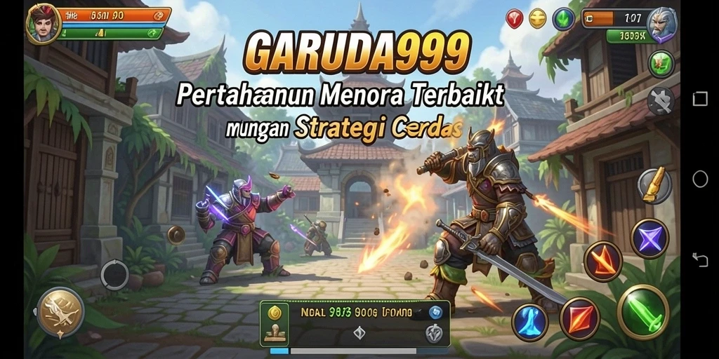 Screenshot permainan GARUDA999 menunjukkan pertempuran menara yang epik.