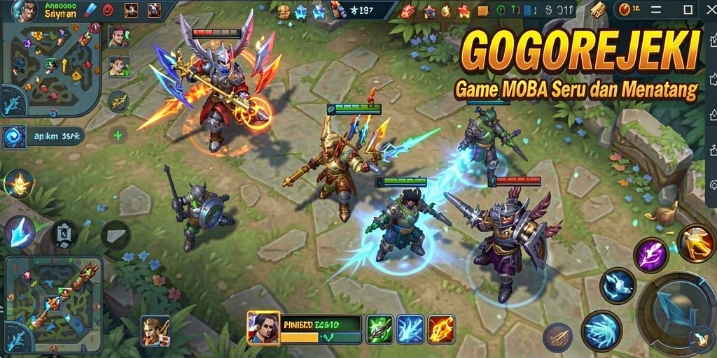 Gameplay seru MOBA di GOGOREJEKI dengan strategi tim.