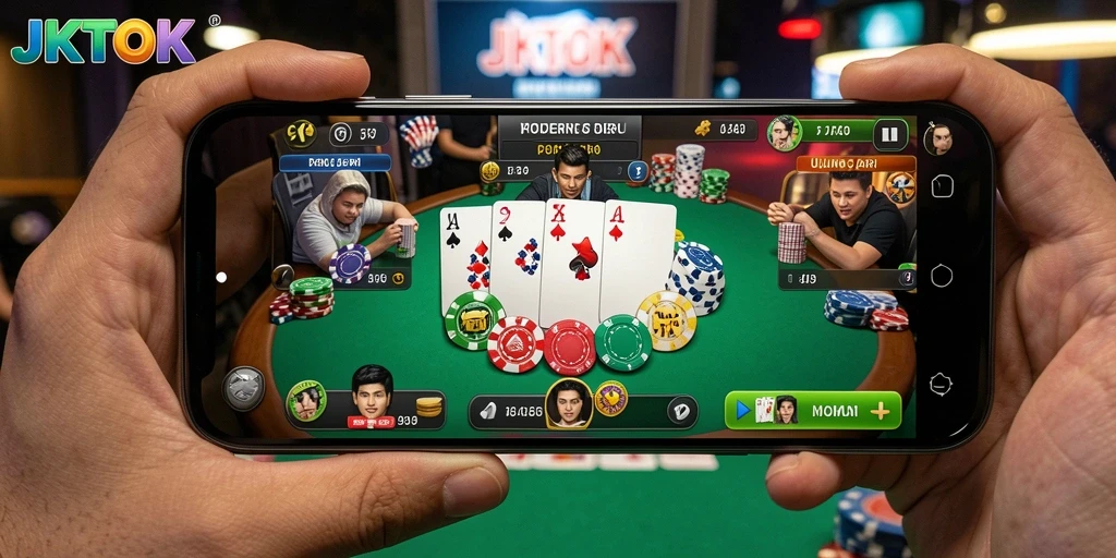 Screenshot gameplay poker JKTOK menampilkan suasana permainan yang mendebarkan.