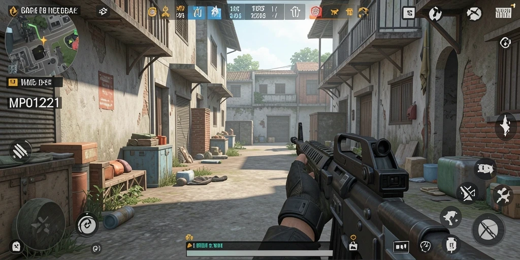 Tampilan utama gameplay MPO1221 dengan aksi tembak-menembak yang seru.