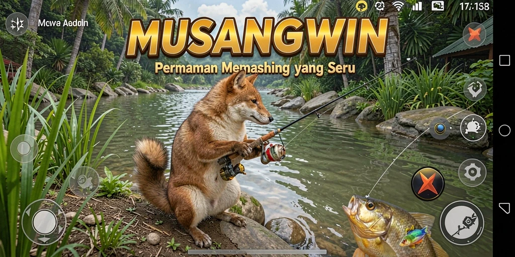 Gameplay MUSANGWIN yang menarik saat memancing ikan di lokasi indah.