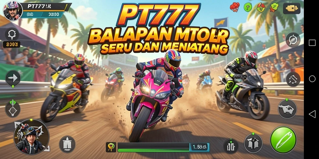 Screenshot utama PT777 menampilkan balapan motor yang mendebarkan.