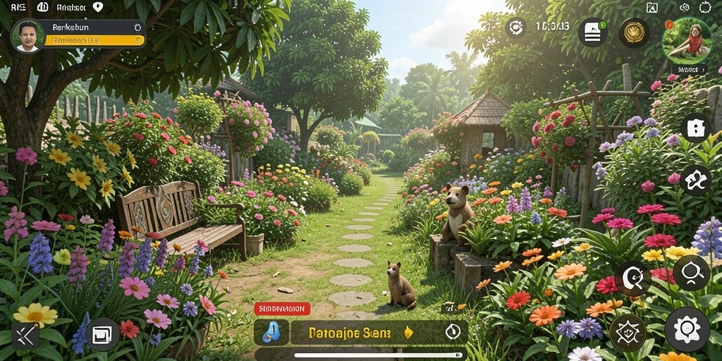 Tampilan gameplay RK55 dengan kebun yang luas dan berbagai tanaman.