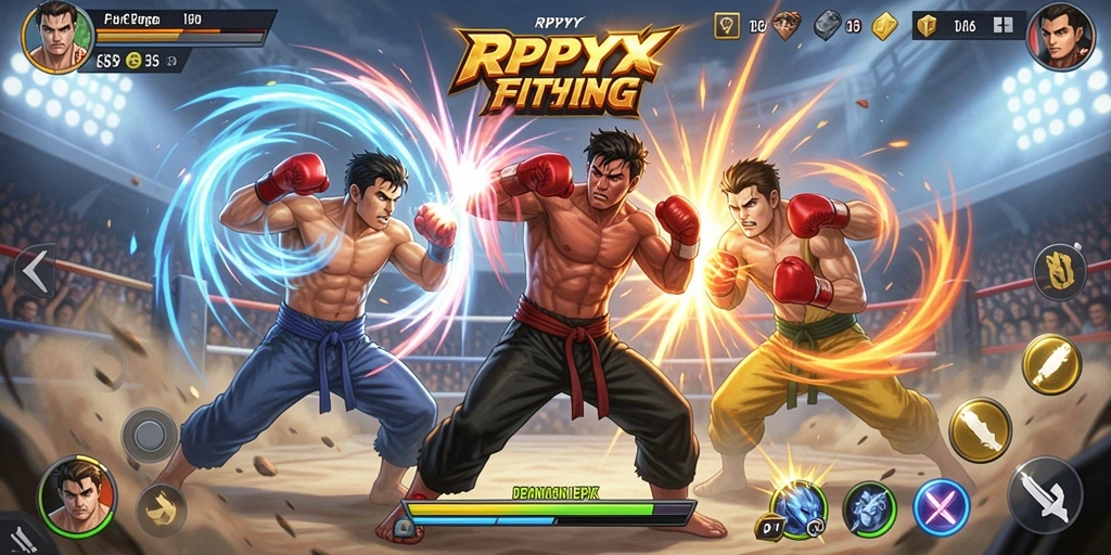 Screenshot utama RPYYY menampilkan pertarungan karakter yang intens dan strategis.
