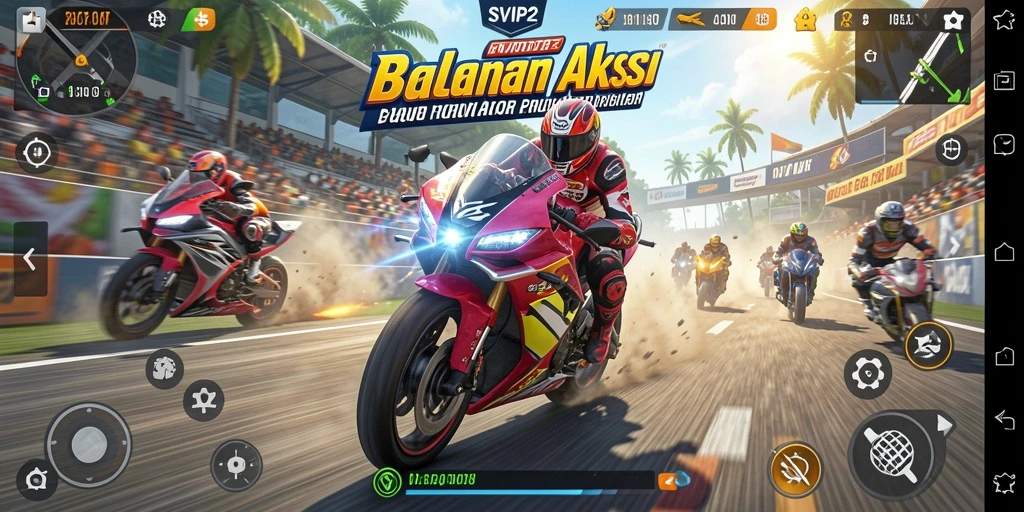 Tampilan gameplay seru di SVIP2 dengan balapan motor yang mendebarkan.